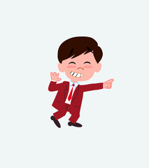 Businessman pointing to something funny on his left.