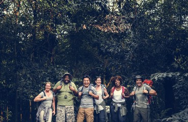 Group of happy diverse campers