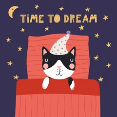 Zelfklevend Fotobehang Hand drawn vector illustration of a cute funny sleeping cat in a nightcap, with pillow, blanket, lettering Time to dream. Isolated objects. Scandinavian style flat design. Concept for children print. © Maria Skrigan