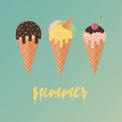 Collection of 3 vector ice cream illustrations. Flat design.