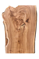 Live edge elm slab on white background. Wood slab with a lizard muzzle pattern