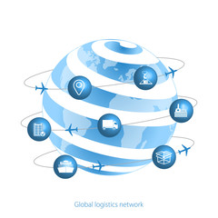 Global logistics network.  Planet Earth and logistics icons in the form of satellites.  Set icons transport and logistics. Flat design. Vector illustration EPS10.