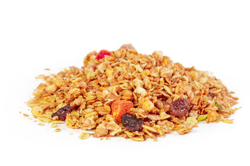 Granola with dried fruits isolated on white