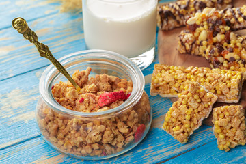 Granola bar on wooden background