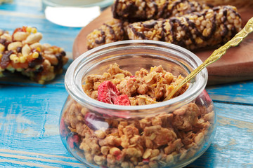 Granola bar on wooden background