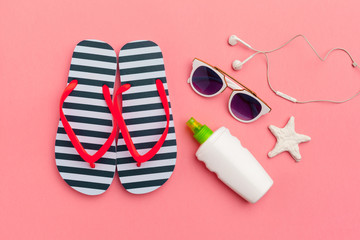 Summer holiday background, Beach accessories on color block background