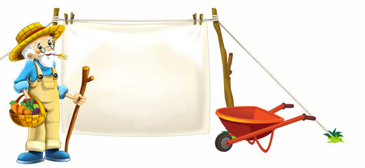 cartoon happy and funny farm scene with farmer and wheelbarrow - on white background  car for different tasks - illustration for children 
