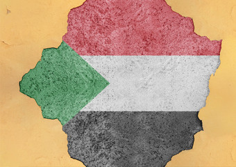 Sudan cracked hole and broken flag in big concrete material facade structure