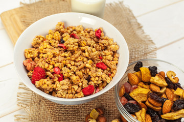 Food background of fresh baked homemade granola in bowl