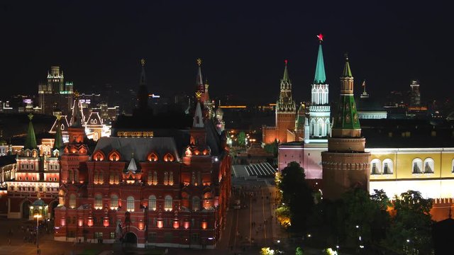 Aerial night view of the Kremlin, Moscow, Russia