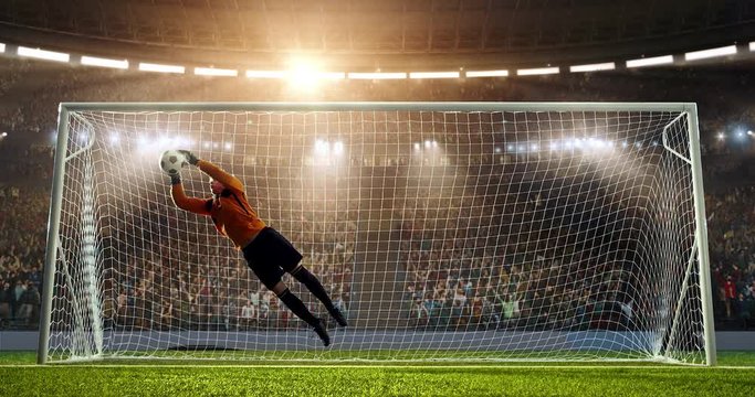 Soccer goalkeeper jumps and fails to catch ball on a professional soccer stadium. Stadium and crowd is made in 3D and animated