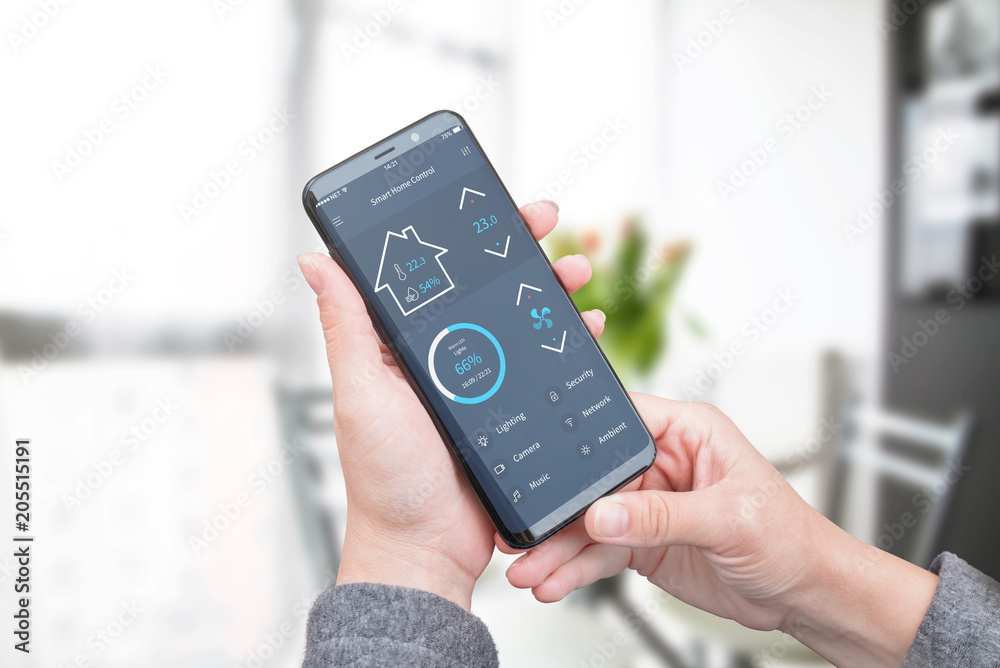 Poster woman use modern mobile app with modern flat design interface to control home security; lighting and
