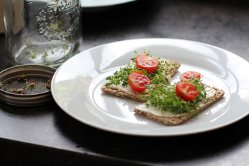 Sprossen auf dem Knäckebrot in der Küche