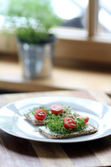 Sprossen auf dem Knäckebrot in der Küche