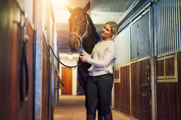 Smiling woman preparing her horse in stables before a ride