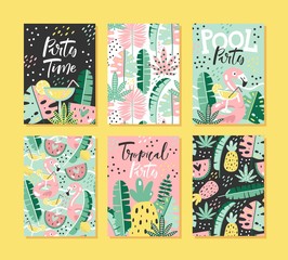 Set of tropical cards with lettering. Summer party invitations. Vector illustration.