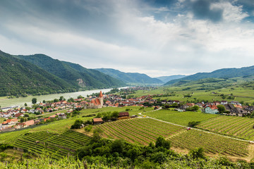 Fototapeta na wymiar Scenic View into the Wachau with the river Danube and town Weissenkirchen in Lower Austria.