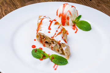 Apple strudel with ice cream