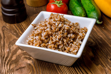 Boiled buckwheat in a plate