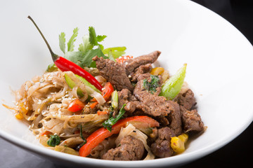 Thai spicy noodles dish with meat