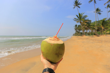 Coconut water in hand on the beach
