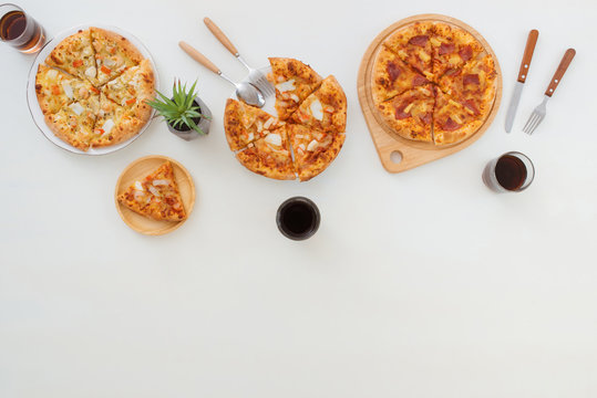Top view of Delicious various kinds of pizza