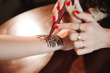 Drawing process of henna menhdi ornament on woman's hand