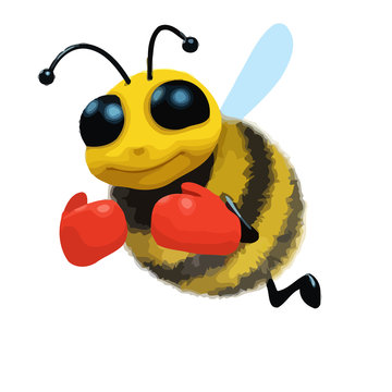 3d Cartoon honey bee character wearing boxing gloves