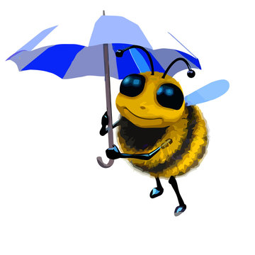 3d 3d Cartoon honey bee character under an umbrella.