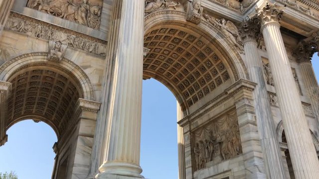 Arch of Peace ( Arco della Pace) in Sempione Park, Milan, Italy. Originally called the Arch of Triumph, it was built in the early 19th century to honor Napoleons victories