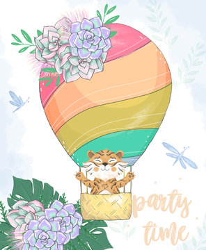 tiger in basket balloon digital clip art cute animal and flowers on head. Party Time text. Greeting Celebration Birthday Card Funny african wildlife Kid style Bounquet on white background
