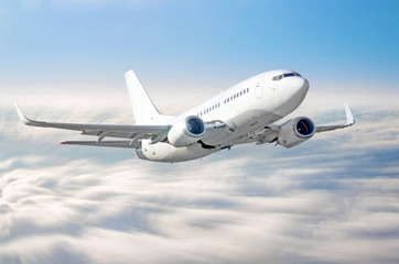 Airplane climb gains altitude at speed in motion blur above sky clouds flight journey height.