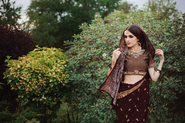 Portrait of beautiful indian girl . Young hindu woman model with tatoo mehndi and kundan jewelry.