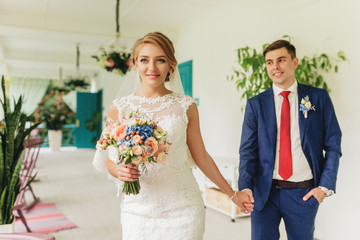 A loving couple of newlyweds on the walk. Husband and wife on a walk