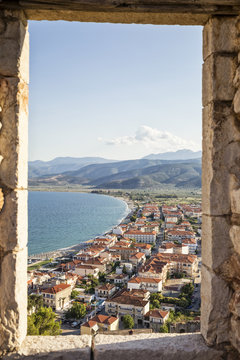 View on Paralia Astros through castle window, Peloponnese, Greece