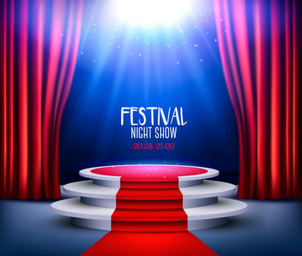 Showroom Background With A Red Carpet and Spotlight. Festival night show poster. Vector.
