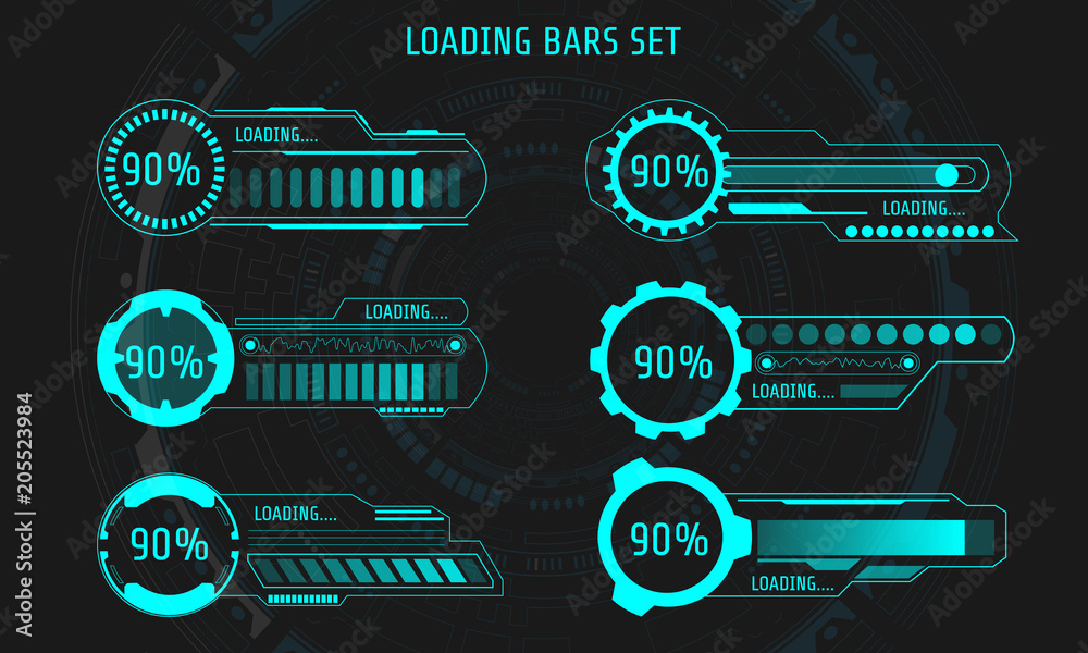 Leinwandbilder HUD Futuristic Element Loading Bars Set Vector Background. Abstract Big Pack User Interface Progress Monitor Illustration.