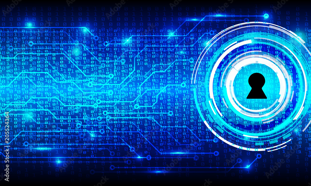 Poster Security Circuit Board With Binary Code Vector Background. Blue Hi Tech Abstract Circle Padlock Key Center Protection Concept Illustration.