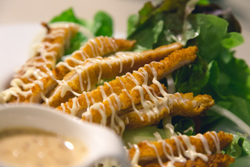 Close up Chicken salad serving with fresh organic vegetable pour with cream, small bowl of salad cream in foreground