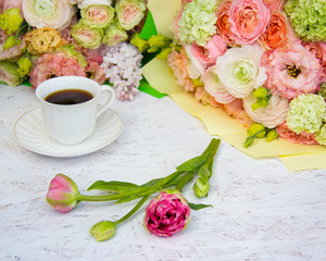 bouquet peonies cup coffee tea