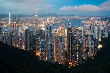 Hong Kong in Kowloon area skyline view from Victoria Peak in Hong Kong..