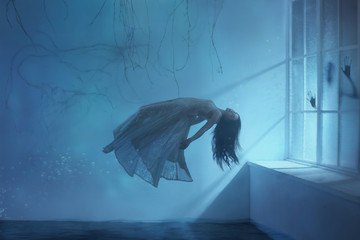 A ghost girl with long hair in a vintage dress. Room under water. A photograph of levitation...