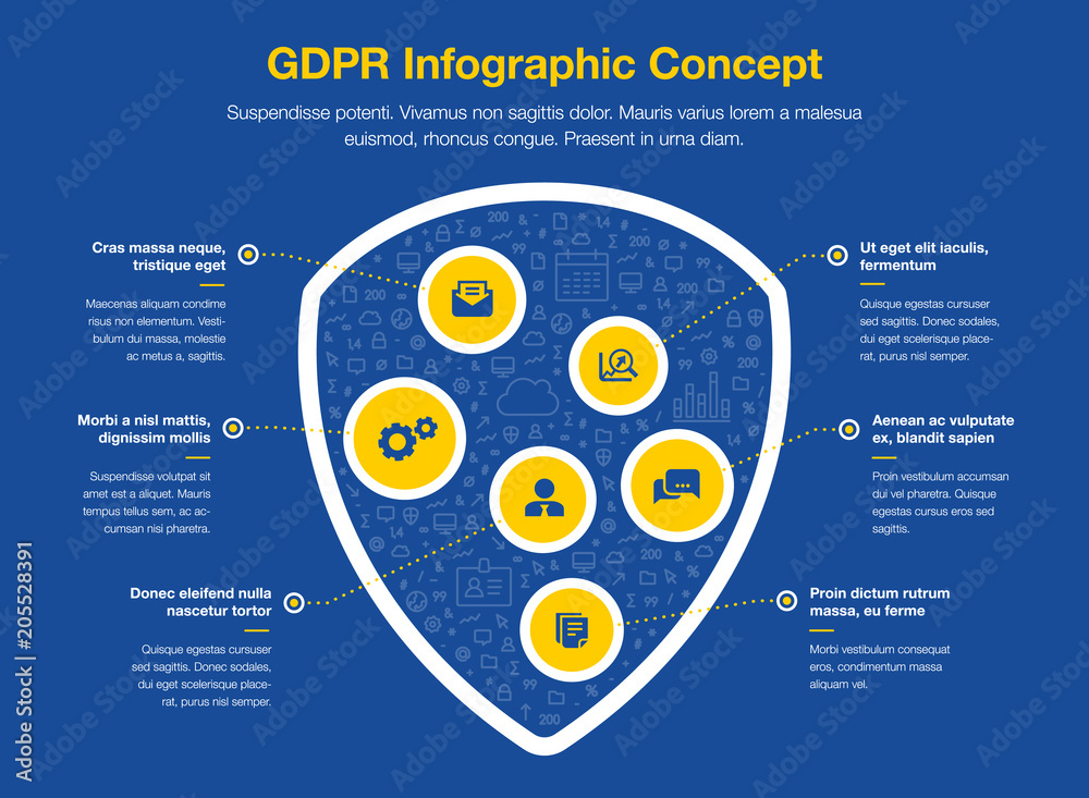 Leinwandbilder European GDPR infographic concept with shield symbol filled with small icons isolated on dark blue background. Easy to use for your website or presentation.