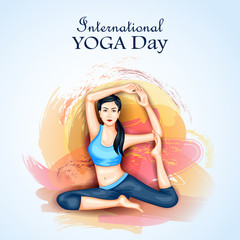 Illustration of woman doing yoga pose on poster design for celebrating International Yoga Day