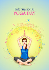 Illustration of woman doing yoga pose on poster design for celebrating International Yoga Day