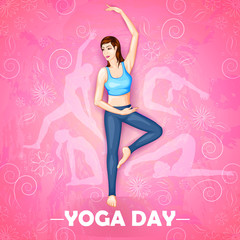 Illustration of woman doing yoga pose on poster design for celebrating International Yoga Day