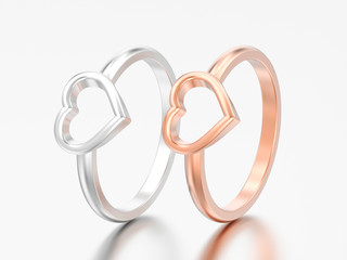 3D illustration two silver and rose gold engagement wedding heart rings