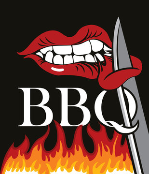 Vector banner with flames and words BBQ. A flat illustration with a human mouth that bites a piece of meat from a sharp knife