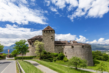 Fototapeta na wymiar Vaduz Castle with mountain road in Liechtenstein. Alps landscape