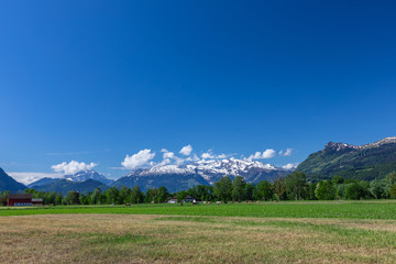 View of the green field and mountains of the Alps in Liechtenstein.